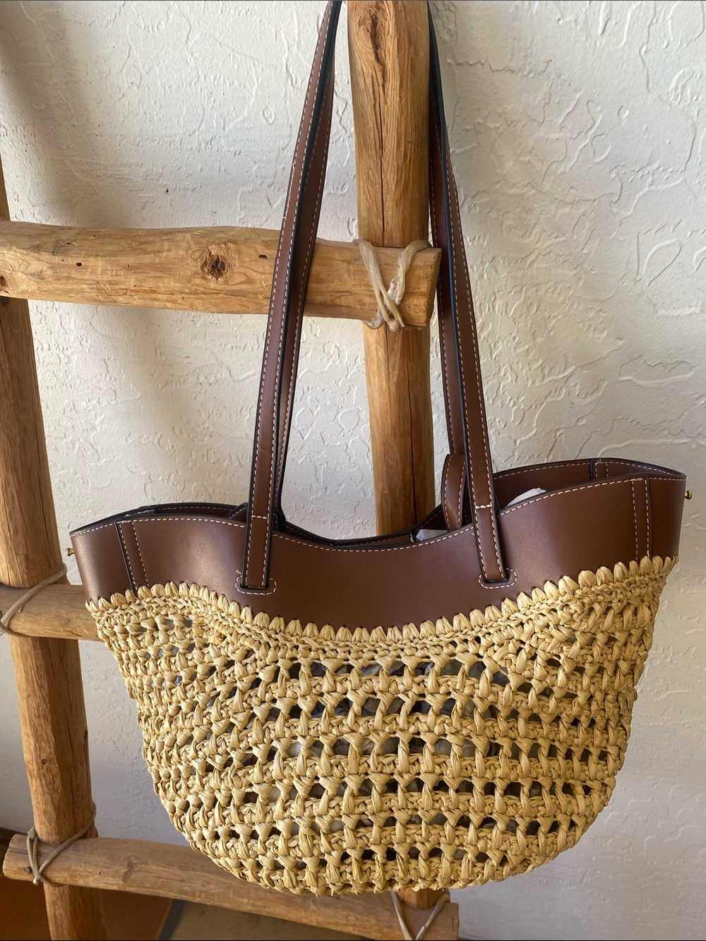NEW‼️ Woven Straw Tote with Brown Faux-Leather Trim